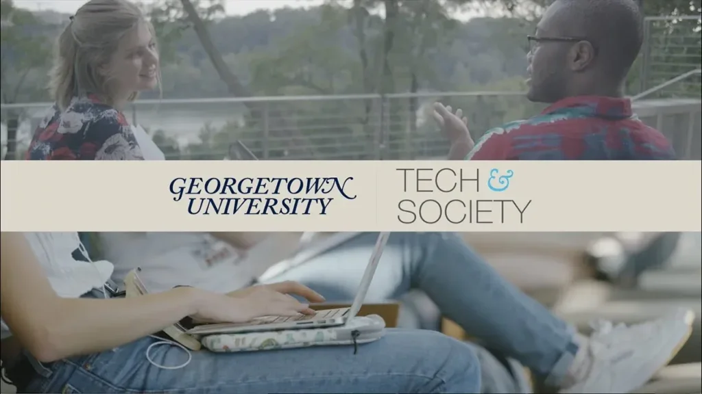 Tech & Society logo with students in the background.